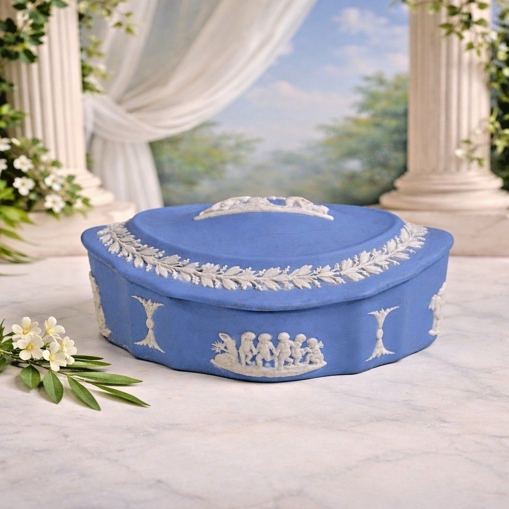 Wedgwood Blue Jasperware Lidded Trinket Box England Oval Neoclassical